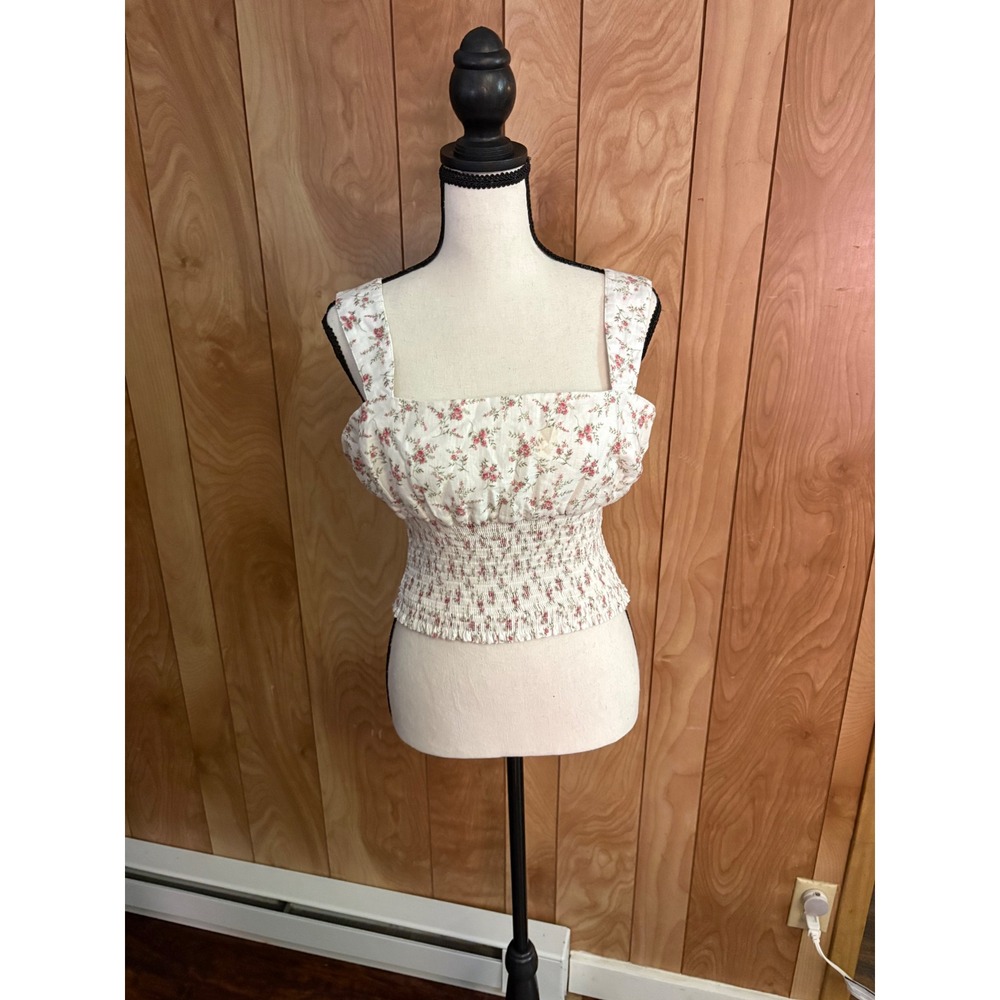 Forever 21 Floral Smocked Crop Top Linen Blend White Pink Square Neck Large NWOT